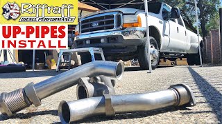 2001 F350 73  RiffRaff UpPipes Install  Stock up pipes leaking and falling apart JUNK SP [upl. by Ytsud]