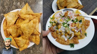 Aloo Samosa Chaat Recipe  Samosay Chanay Gravy Red Meethi Chutney [upl. by Utimer]